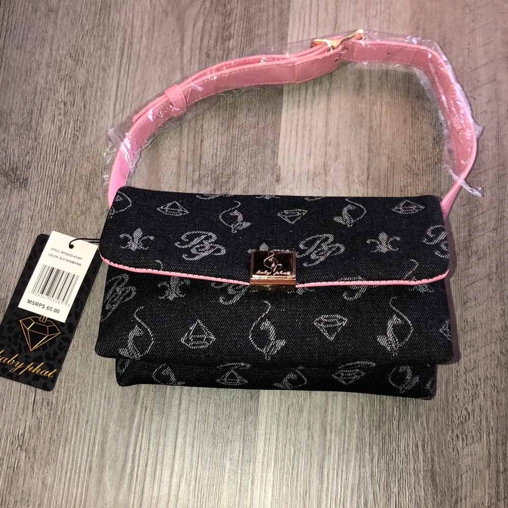 Baby Phat Black Denim & Pink With Monogram Print Flap Shoulder Bag NWT - Picture 15 of 16